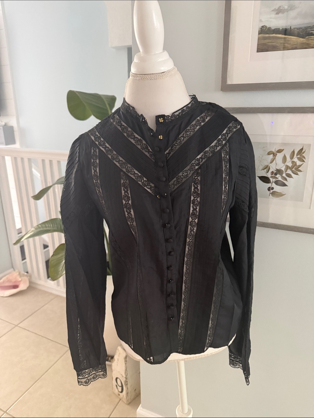 LoveShackFancy Black Lace Trim Blouse